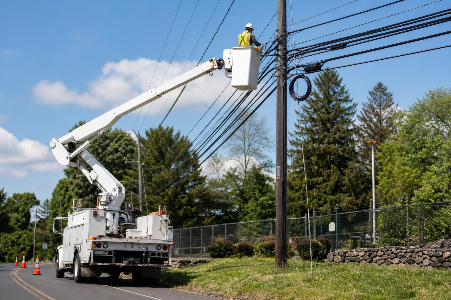 Aerial fiber construction work performed from a bucket truck