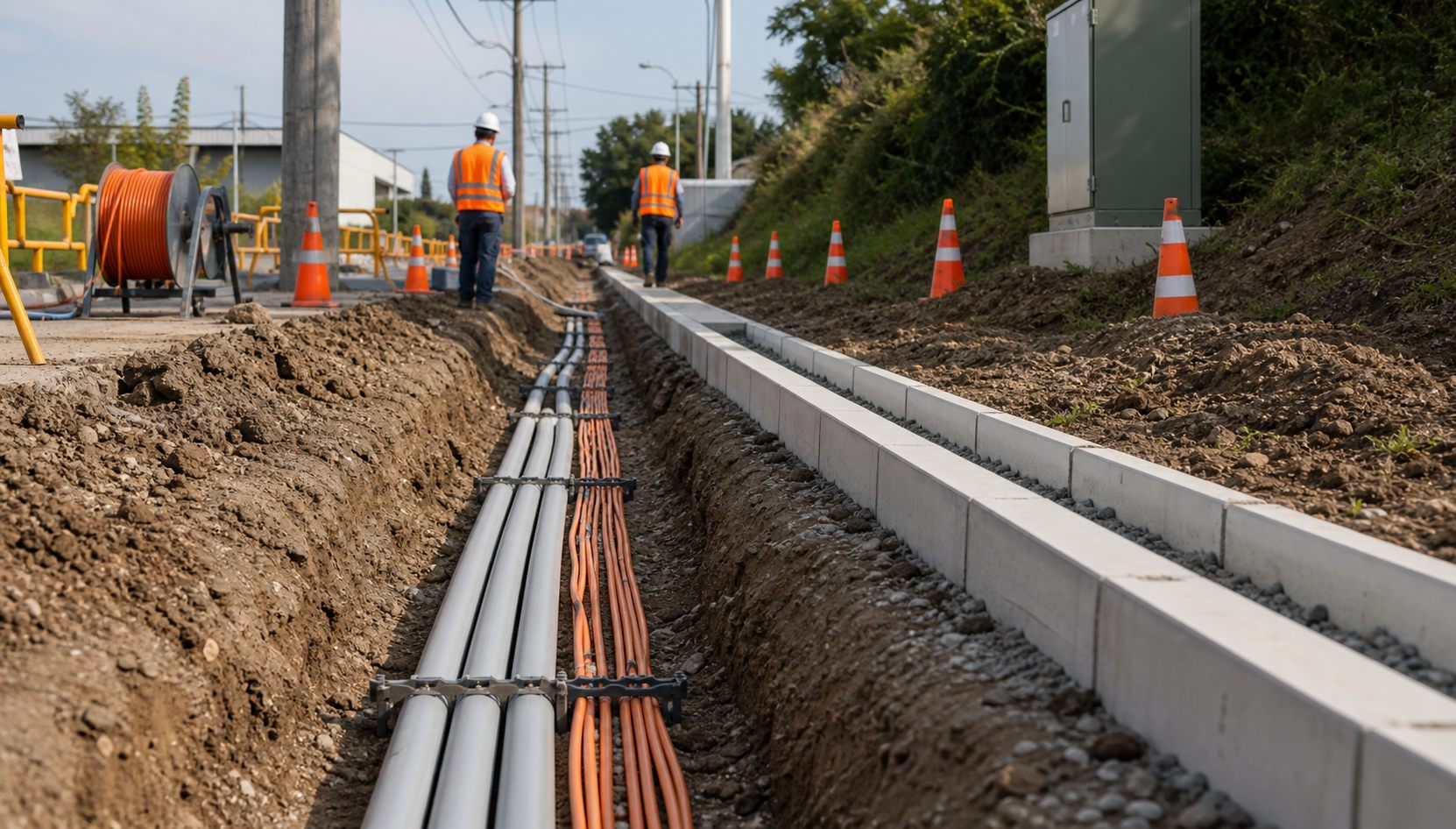 Underground conduit installation at a fiber construction work zone